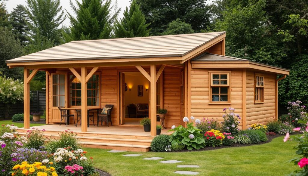 Holzgartenhaus mit Terrasse und Anbau Holzgartenhaus mit Terrasse und Anbau