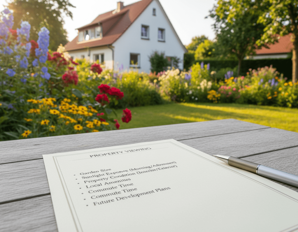 A beautifully arranged checklist for "Property Viewing" lies prominently on a wooden table in the foreground, featuring bullet points highlighting key aspects to consider, such as garden size, sunlight exposure, and property condition. A well-maintained garden with colorful flowers and lush greenery is visible in the middle ground, reflecting the charm of a property in Mönchengladbach. In the background, a charming house with a well-kept exterior peeks through the garden, bathed in soft afternoon sunlight that casts gentle shadows. The scene evokes a sense of professionalism and warmth, suitable for potential homebuyers, with a focus on tranquility and attention to detail, captured using a shallow depth of field for emphasis. A beautifully arranged checklist for "Property Viewing" lies prominently on a wooden table in the foreground, featuring bullet points highlighting key aspects to consider, such as garden size, sunlight exposure, and property condition. A well-maintained garden with colorful flowers and lush greenery is visible in the middle ground, reflecting the charm of a property in Mönchengladbach. In the background, a charming house with a well-kept exterior peeks through the garden, bathed in soft afternoon sunlight that casts gentle shadows. The scene evokes a sense of professionalism and warmth, suitable for potential homebuyers, with a focus on tranquility and attention to detail, captured using a shallow depth of field for emphasis.