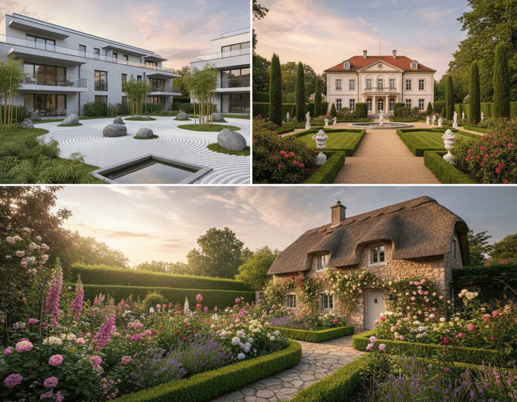 A beautifully arranged scene depicting various garden types suited for different styles of properties, set in Mönchengladbach. In the foreground, feature a quaint cottage surrounded by a vibrant flower garden, with neatly trimmed hedges. In the middle ground, illustrate a modern apartment complex with a minimalist zen garden, incorporating gravel and bamboo plants. To the back, integrate a classic villa surrounded by lush greenery and ornate landscaping. The lighting is soft and warm, suggesting a late afternoon glow, casting gentle shadows. Use a wide-angle perspective to capture the harmonious blend of properties and gardens, creating a serene and inviting atmosphere that reflects the diversity of garden designs for residential homes. A beautifully arranged scene depicting various garden types suited for different styles of properties, set in Mönchengladbach. In the foreground, feature a quaint cottage surrounded by a vibrant flower garden, with neatly trimmed hedges. In the middle ground, illustrate a modern apartment complex with a minimalist zen garden, incorporating gravel and bamboo plants. To the back, integrate a classic villa surrounded by lush greenery and ornate landscaping. The lighting is soft and warm, suggesting a late afternoon glow, casting gentle shadows. Use a wide-angle perspective to capture the harmonious blend of properties and gardens, creating a serene and inviting atmosphere that reflects the diversity of garden designs for residential homes.