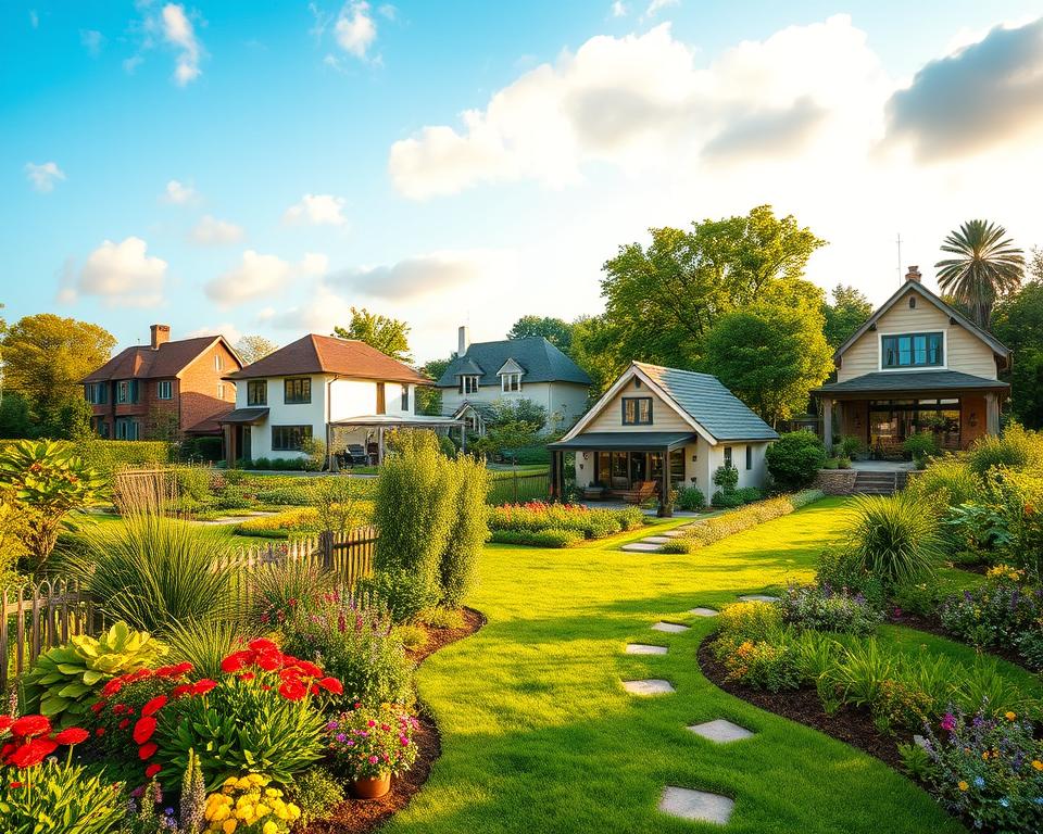 A detailed landscape showcasing a variety of properties with gardens, highlighting the criteria for selecting a home with outdoor space. In the foreground, feature a well-maintained garden with colorful flowers, lush greenery, and a charming pathway leading to a cozy house. In the middle ground, display different types of homes, from modern villas to traditional cottages, each boasting different garden styles such as vegetable patches, flower beds, and shaded patios. The background should include a clear blue sky with soft, fluffy clouds, casting gentle sunlight across the scene. Use warm, inviting lighting to evoke a sense of comfort and tranquility. Capture the angle from a slight elevation, offering a panoramic view of the properties and their gardens, creating an atmosphere that inspires potential home seekers.