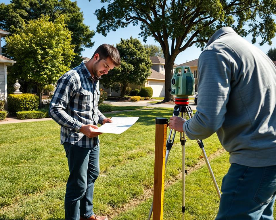 A detailed survey scene showcasing property boundary surveying, featuring a professional surveyor in modest casual clothing, using advanced equipment like a total station and measuring tape. In the foreground, the surveyor is focused on a stake marking a property line, while drawing a map. The middle ground displays lush green gardens and neighboring houses, illustrating a typical suburban setting. The background captures trees and a clear blue sky, enhancing the tranquility of the area. The lighting is soft and natural, suggesting a warm afternoon. The angle is slightly elevated, providing a comprehensive view of the survey process within a residential context, evoking a sense of professionalism and diligence in property rights and boundaries.