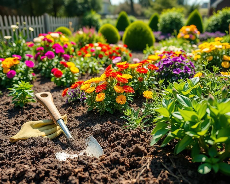 A lush, well-maintained garden showcasing rich soil quality, vibrant flowers, and healthy plants. In the foreground, a shovel and gardening gloves lie next to freshly turned earth, indicating recent soil assessment. The middle ground features diverse planting beds bursting with color, including blooming perennials and neatly trimmed shrubs, demonstrating excellent garden planning. In the background, a subtle hint of a soft-focus fence and trees creates depth while suggesting a serene residential environment. Bright, natural daylight bathes the scene, enhancing the vivid colors and textures. Use a slightly wide angle to capture the expansive garden layout. The mood is peaceful and inviting, emphasizing the joy of gardening and a flourishing outdoor space.