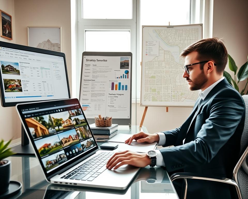 A modern home office setup filled with technology and real estate resources. In the foreground, a sleek laptop displays various property listings with detailed images of houses, gardens, and neighborhoods. A professional in smart casual attire is seated at a stylish desk, focused on researching options, with colorful charts and graphs on the screen. In the middle ground, a whiteboard filled with strategic notes, a list of online portals, and a pinned map of the city can be seen, arranged neatly for easy access. The background features a large window allowing soft, natural light to pour in, illuminating the workspace and creating a warm, focused atmosphere. The overall mood conveys diligence, organization, and determination in the property search endeavor.