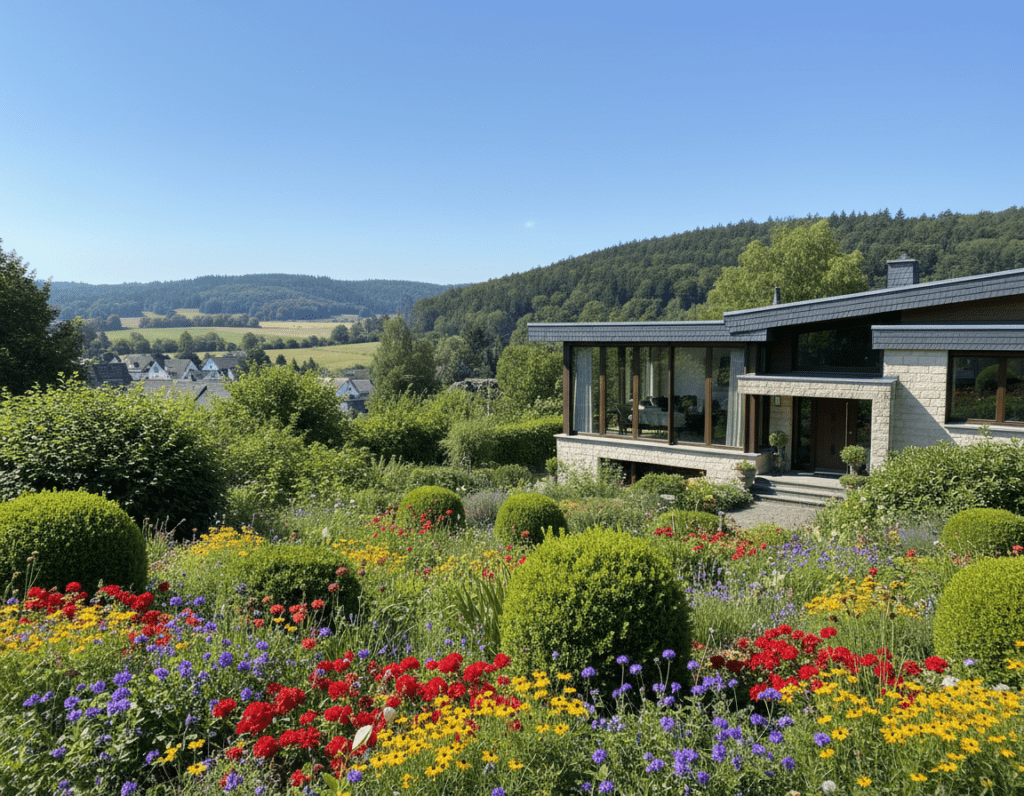 A picturesque garden setting in Bergisch Gladbach showcasing a well-designed residential property. In the foreground, vibrant flower beds with colorful blossoms and neatly trimmed hedges. The middle layer features a modern, attractive house with large windows and a welcoming entrance, surrounded by lush greenery. The background presents rolling hills and a clear blue sky, typical of the Bergisch Gladbach landscape. The lighting is bright and cheerful, creating an inviting atmosphere, captured with a slightly elevated angle to emphasize the beauty of the garden and the property. Overall, the scene conveys a sense of harmony, tranquility, and the potential for a perfect home.