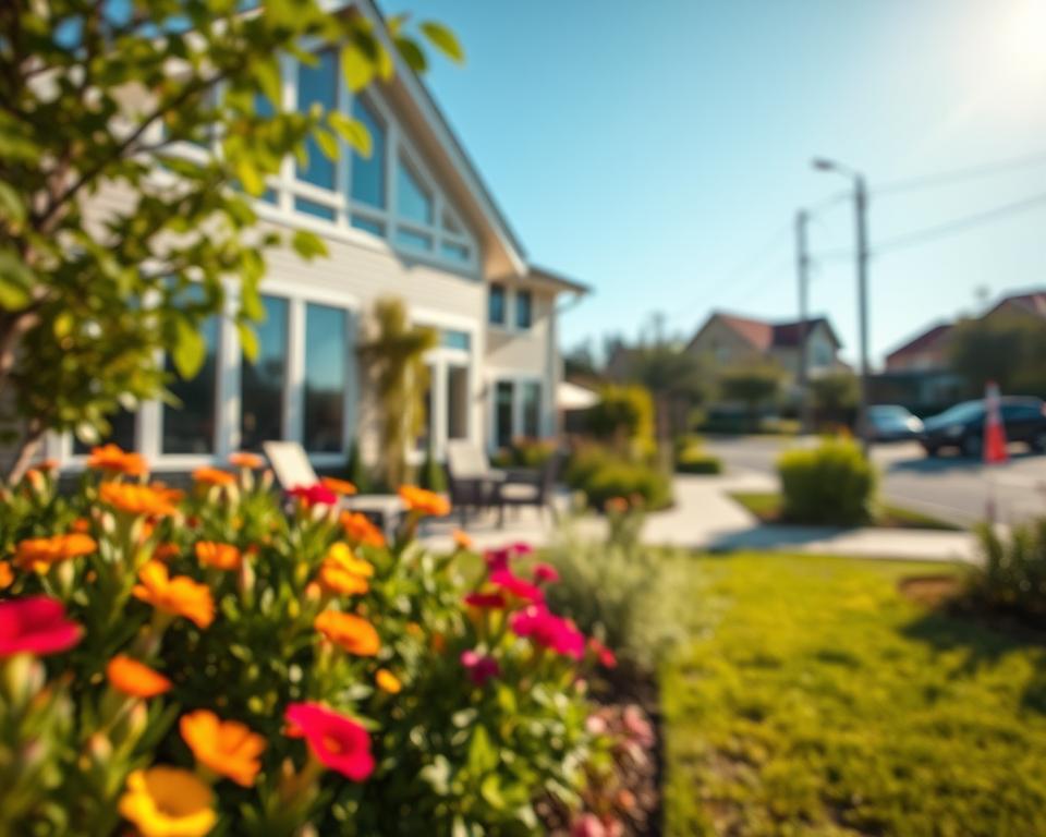 A picturesque residential property featuring a well-maintained garden in the foreground, showcasing vibrant flowers, lush greenery, and an inviting seating area. The middle ground highlights a charming house with large windows, a modern aesthetic, and a well-kept facade. In the background, a tranquil suburban street under a clear blue sky adds to the peaceful atmosphere. The scene is illuminated by warm, natural sunlight, creating soft shadows and enhancing the beauty of the garden. A slight lens blur emphasizes the garden’s details, portraying a sense of value and tranquility ideal for a property assessment context. The overall mood is serene and inviting, reflecting the essence of home and investment potential.