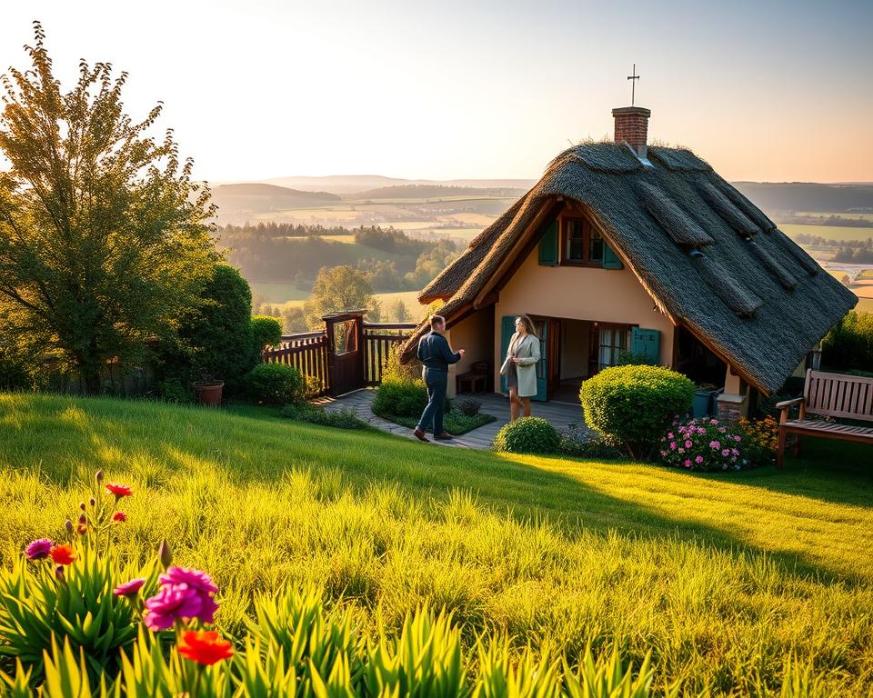 A picturesque scene showcasing a charming house set in a lush garden, nestled in a desirable region of Germany. In the foreground, vibrant green grass is dotted with colorful flowers, creating a welcoming entrance to the home. The middle ground features the facade of a cozy, traditional-style German house, complete with a thatched roof and wooden shutters, where a couple in smart casual attire are discussing their plans. In the background, a scenic landscape unfolds, depicting rolling hills and distant farmland, capturing the essence of suburban charm. The lighting is warm and inviting, evoking a sense of tranquility during the golden hour, with soft shadows enhancing the cozy atmosphere. Use a slightly elevated angle to provide a captivating overview of the property and its surrounding area.