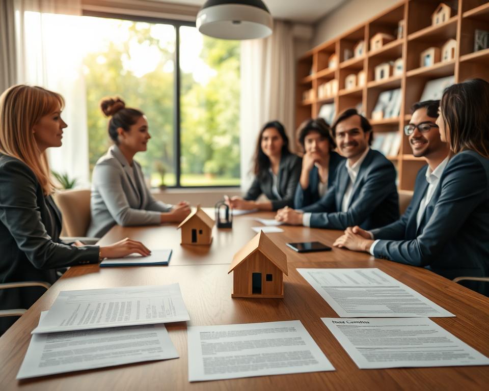 A professional and serene real estate office scene, featuring a diverse group of individuals in business attire engaged in a discussion around a wooden conference table. In the foreground, a neatly arranged set of essential documents, including house contracts and financing papers, highlighted under soft, warm lighting. In the middle ground, a large window with soft curtains reveals a peaceful garden view outside, adding a touch of nature. The background should show shelves filled with property brochures and house models, subtly blurred to keep focus on the central discussion. Overall, the atmosphere should convey trust and professionalism, emphasizing the importance of secure property buying processes. The scene is framed using a wide-angle lens to capture the collaborative spirit and inviting environment.
