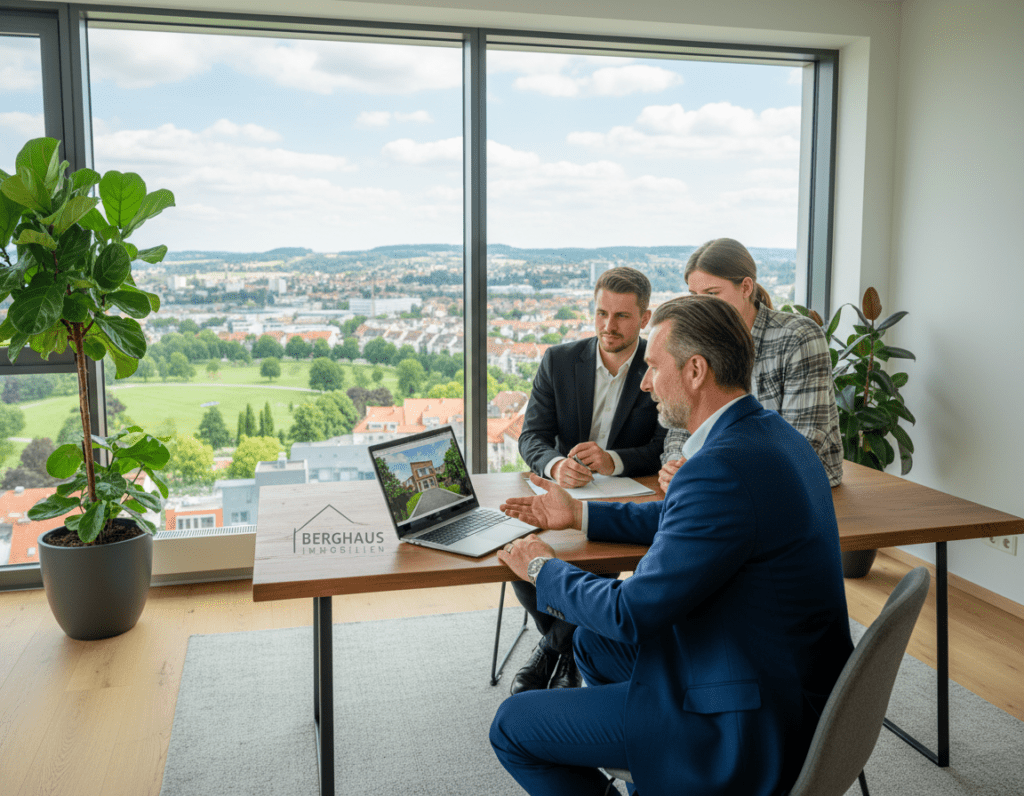 A professional real estate agent conducting a consultation in an inviting office environment in Bergisch Gladbach. The foreground features a smartly dressed agent, a middle-aged man in a tailored suit, seated at a sleek wooden desk, pointing at a detailed property listing on a laptop. In the background, a large window reveals a picturesque view of the city with green parks and residential buildings. Soft, natural lighting filters through, creating a warm and welcoming atmosphere. The decor is modern and minimalistic, with strategically placed plants. The angle captures the interaction between the agent and a potential client, emphasizing trust and professionalism in real estate dealings.
