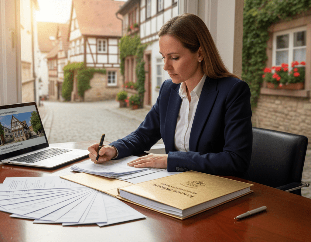 A professional real estate agent, dressed in formal business attire, is reviewing legal documents related to property purchases in Bergisch Gladbach. In the foreground, a neatly organized set of legal papers and a pen are placed on a polished wooden table. The middle ground features the agent focused on the documents, with a laptop open beside them displaying a property listing. The background showcases a soft-focus view of a charming street in Bergisch Gladbach, with traditional German architecture and greenery. The lighting is warm and inviting, reminiscent of a sunny afternoon, creating a sense of professionalism and trust. The image exudes a feeling of diligence and attention to detail in the real estate transaction process.
