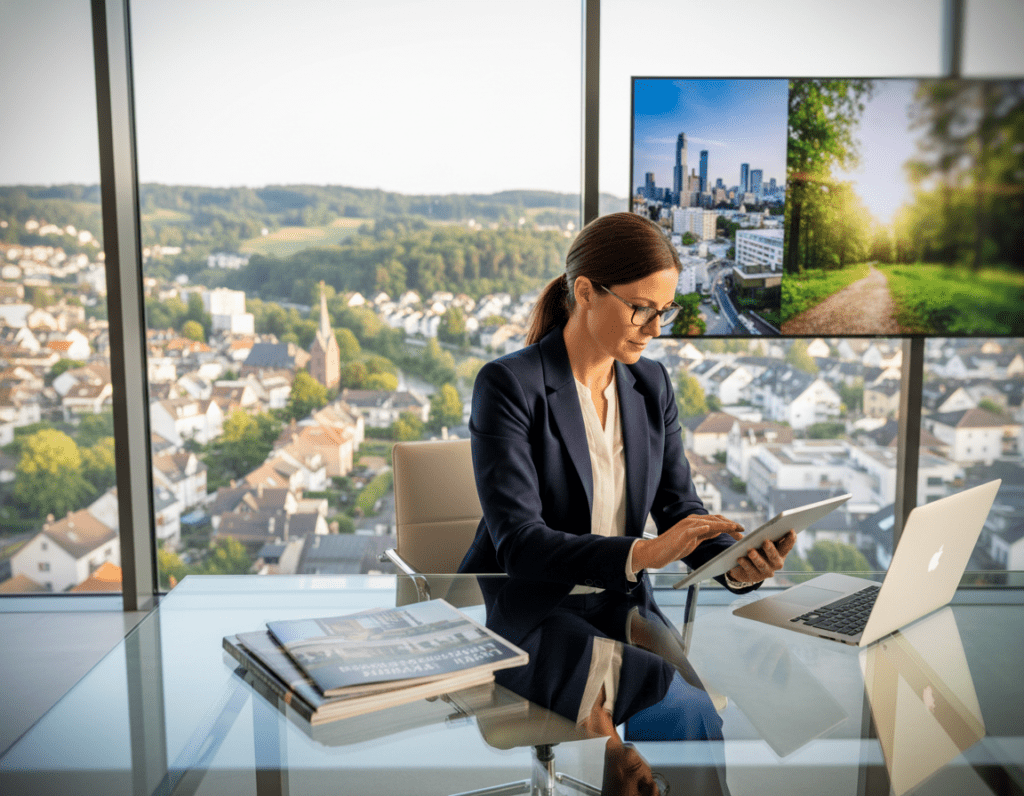 A professional real estate agent in smart business attire, focused and resourceful, is depicted examining property listings on a digital tablet in a sleek, modern office setting. In the foreground, the agent is sitting at a polished glass desk surrounded by an array of well-organized property brochures and a laptop. In the middle ground, large windows reveal a panoramic view of Bergisch Gladbach, showcasing its blend of nature and urban life with trees and residential buildings. The background includes a subtle display of vibrant cityscapes and serene greenery, creating a contrast between urban and natural environments. Soft, warm lighting fills the room, enhancing a calm, professional atmosphere, while a slight depth-of-field effect blurs the outer edges, drawing focus to the agent's determined expression and engaged demeanor.