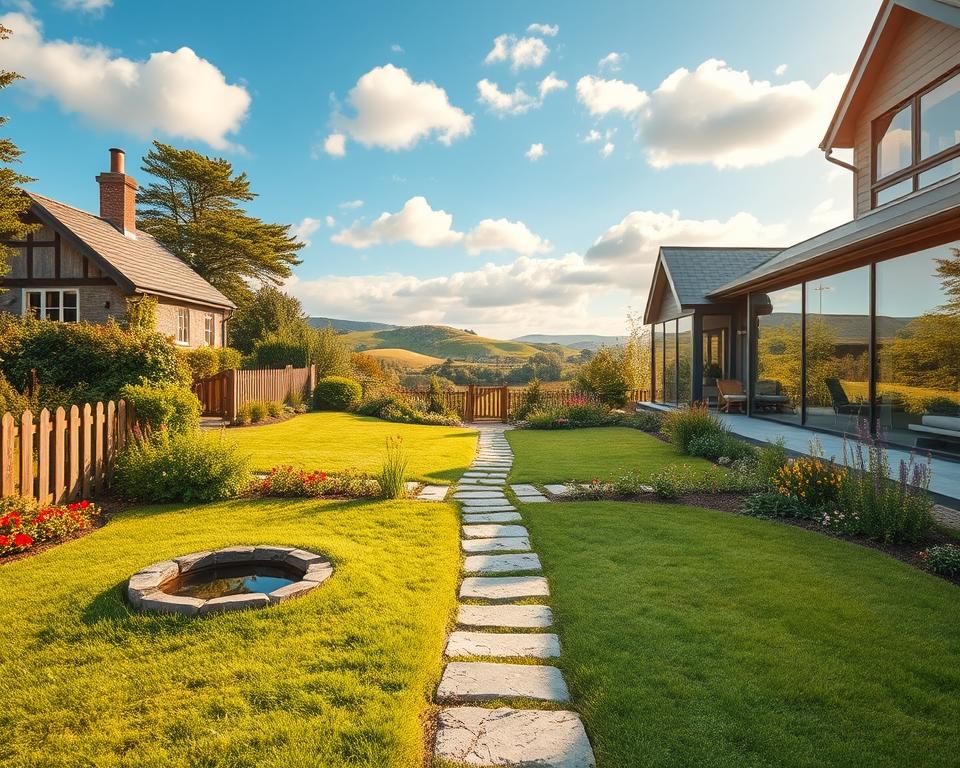 A serene garden scene showcasing various types of garden properties. In the foreground, a well-maintained lawn dotted with colorful flower beds, a small ornamental pond reflecting the sky. To the left, a charming cottage with a rustic wooden fence, while to the right, a modern house with large glass windows allowing natural light to flood in. The middle features a stone pathway leading through lush greenery, inviting viewers to explore. In the background, gentle rolling hills meet a clear blue sky with soft, fluffy clouds. The lighting is warm and inviting, suggesting a late afternoon glow. The overall mood is tranquil and aspirational, perfect for illustrating the concept of defining garden property goals.
