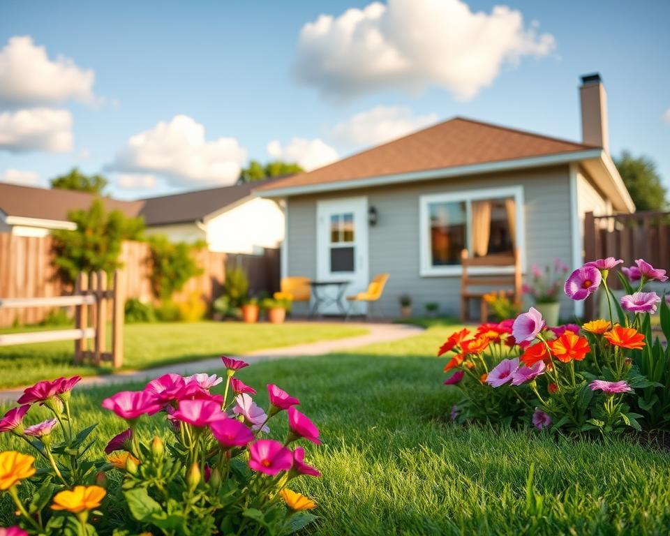 A serene suburban garden scene showcasing a modest budget-friendly home with a charming garden. In the foreground, vibrant flower beds bloom with colorful flowers, while a neatly maintained lawn stretches out. To the left, a small wooden fence and a cozy seating area with a rustic table and chairs create an inviting atmosphere. In the middle, the home features a simple yet attractive facade, with a welcoming front door and large windows. In the background, a clear blue sky with soft puffy clouds enhances the feeling of tranquility. The lighting is warm and natural, suggesting a late afternoon glow. The mood is peaceful and aspirational, perfect for illustrating the theme of affordable homeownership with a garden.