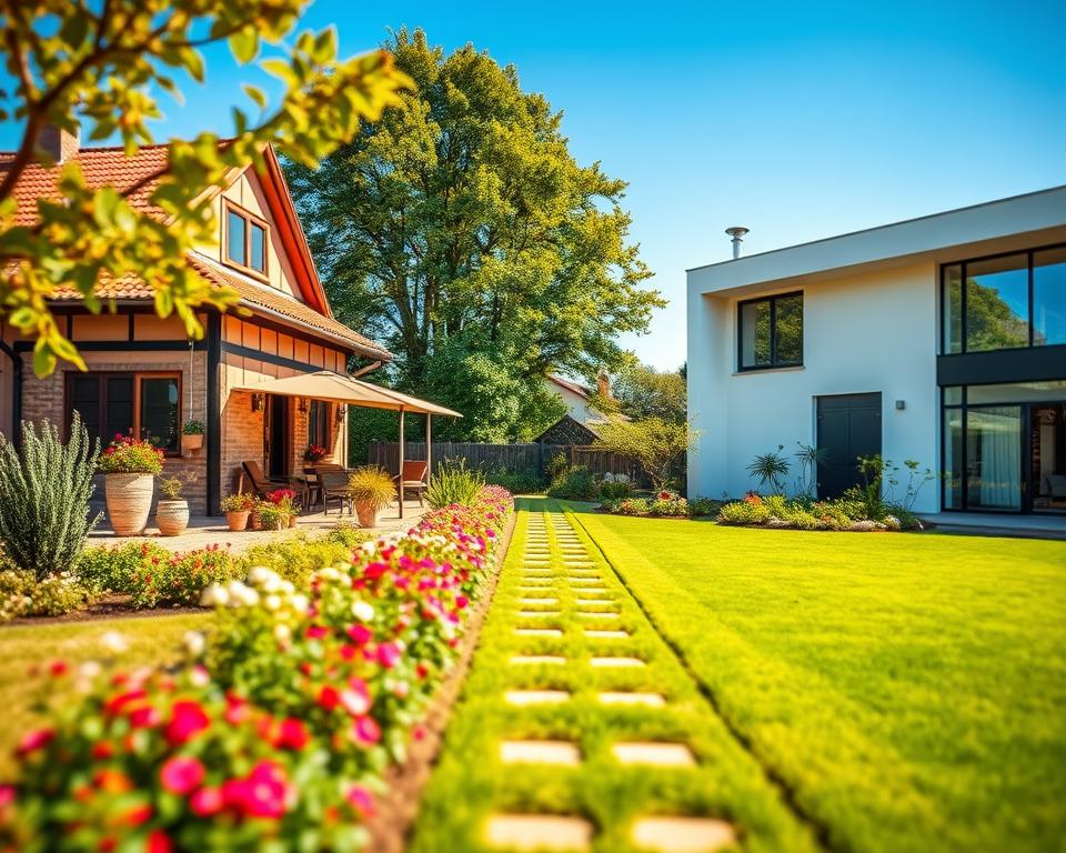 A stunning comparison scene depicting "Bestandsimmobilie" (existing property) and "Neubau" (new construction) each with a lush garden. In the foreground, to the left, features a charming vintage house with a colorful flower garden, mature trees, and a cozy patio, bathed in warm morning light, showcasing its rustic charm. On the right, a sleek modern building with large glass windows, minimalist landscaping, and a vibrant green lawn, illuminated by bright daylight. The middle ground connects both properties with a pathway lined by blooming plants creating a serene atmosphere. The background reveals a clear blue sky, enhancing the tranquil vibe. The focus is sharp, with a slight bokeh effect on the garden elements, inviting viewers to ponder the advantages of both property types.