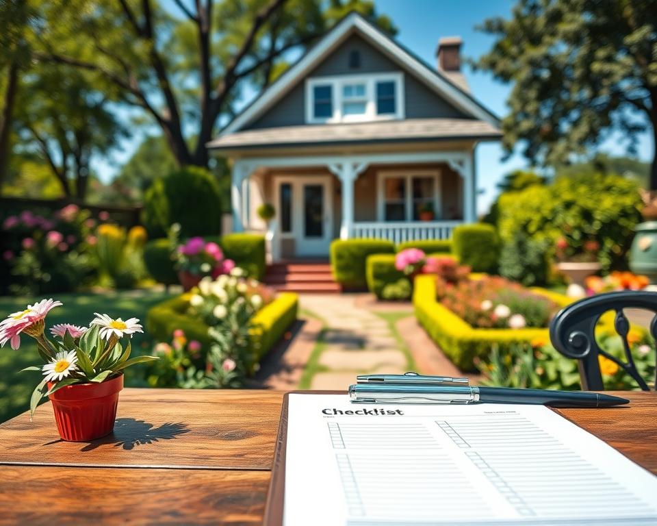 A well-organized checklist for house and garden inspection, prominently displayed on a wooden table, surrounded by lush greenery and blooming flowers. In the foreground, focus on a clipboard with neatly arranged papers, pen, and a small potted plant. In the middle ground, depict a charming house with a welcoming front porch, its vibrant garden filled with colorful plants and neatly trimmed hedges. The background should illustrate a clear blue sky, with gentle sunlight filtering through the trees, creating a warm and inviting atmosphere. Use a soft-focus lens effect to give the image a dreamy quality, capturing the essence of a professional house visit, highlighting diligence and attention to detail.