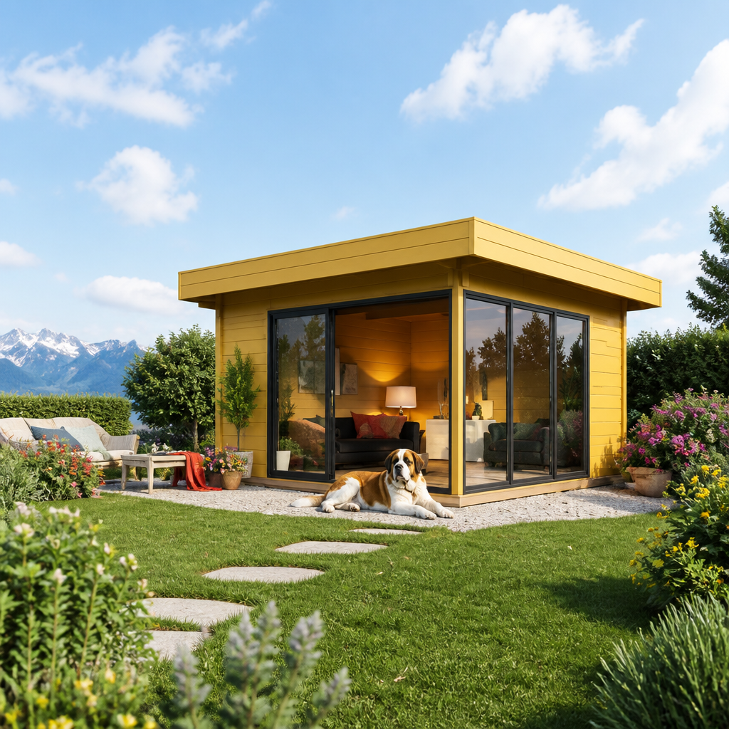 26% sparen! 6 × 6 m | Holzgartenhaus aus Fichte Alu Concept 70 D | Schiebetüren | Terrasse | Flachdach