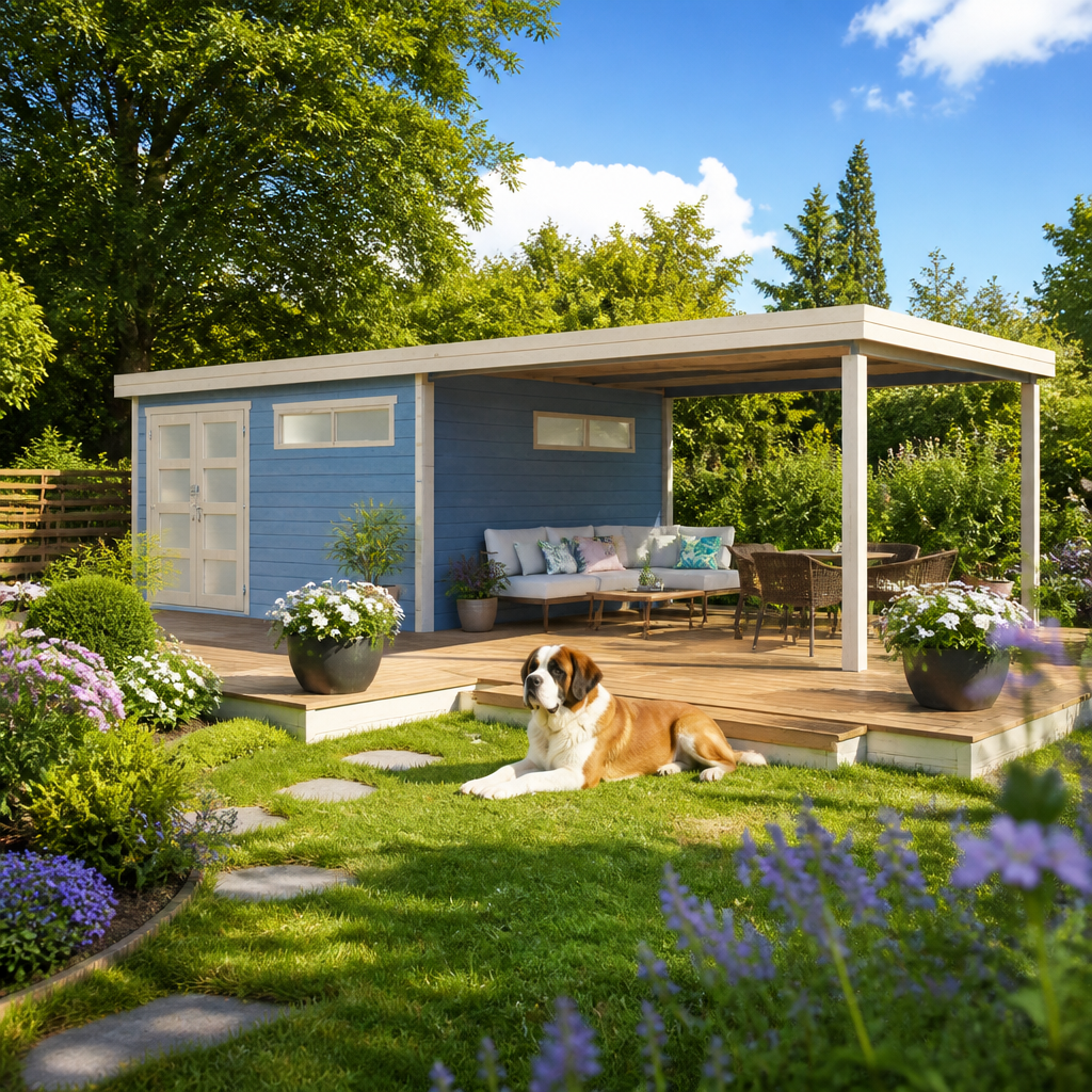 26% sparen! 8 × 4 m | Holzgartenhaus Alu-Line Kasuko-XXL-mit-Anbau | Pultdach | Flachdach | modern