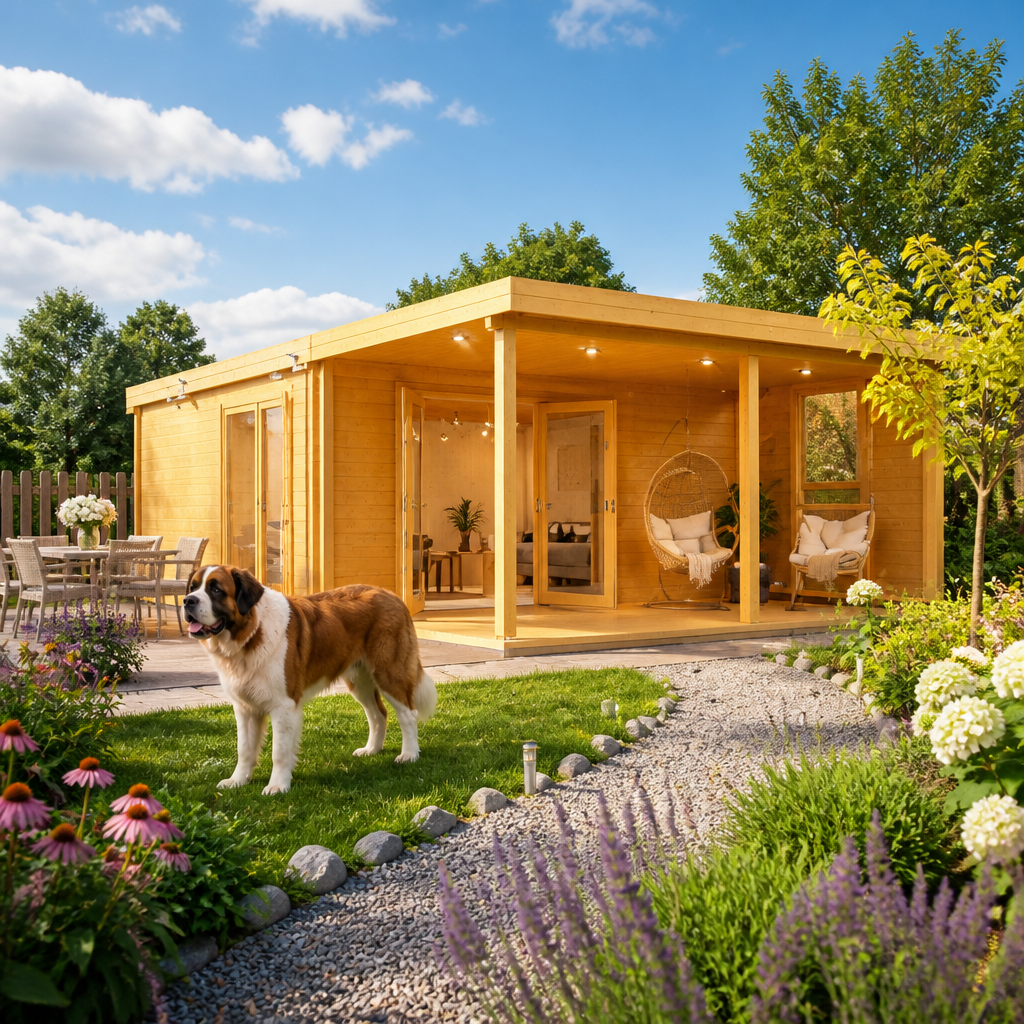 26% sparen! 8 × 5 m | Holzgartenhaus aus Fichte Kaarlo 70 | winterfest | Terrasse | Flachdach | modern