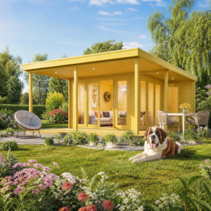 26% sparen! 8 × 6 m | Holzgartenhaus aus Fichte Keno 44 | winterfest | Terrasse | Flachdach | modern