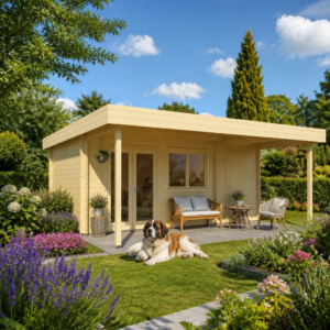26% sparen! Holzgartenhaus aus Fichte Kurt 44 D mit Vordach | winterfest | Flachdach | modern
