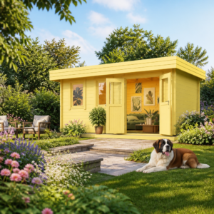 26% sparen! 5 × 3 m | Holzgartenhaus aus Fichte Miriam 44 B Classic | winterfest | Flachdach | modern