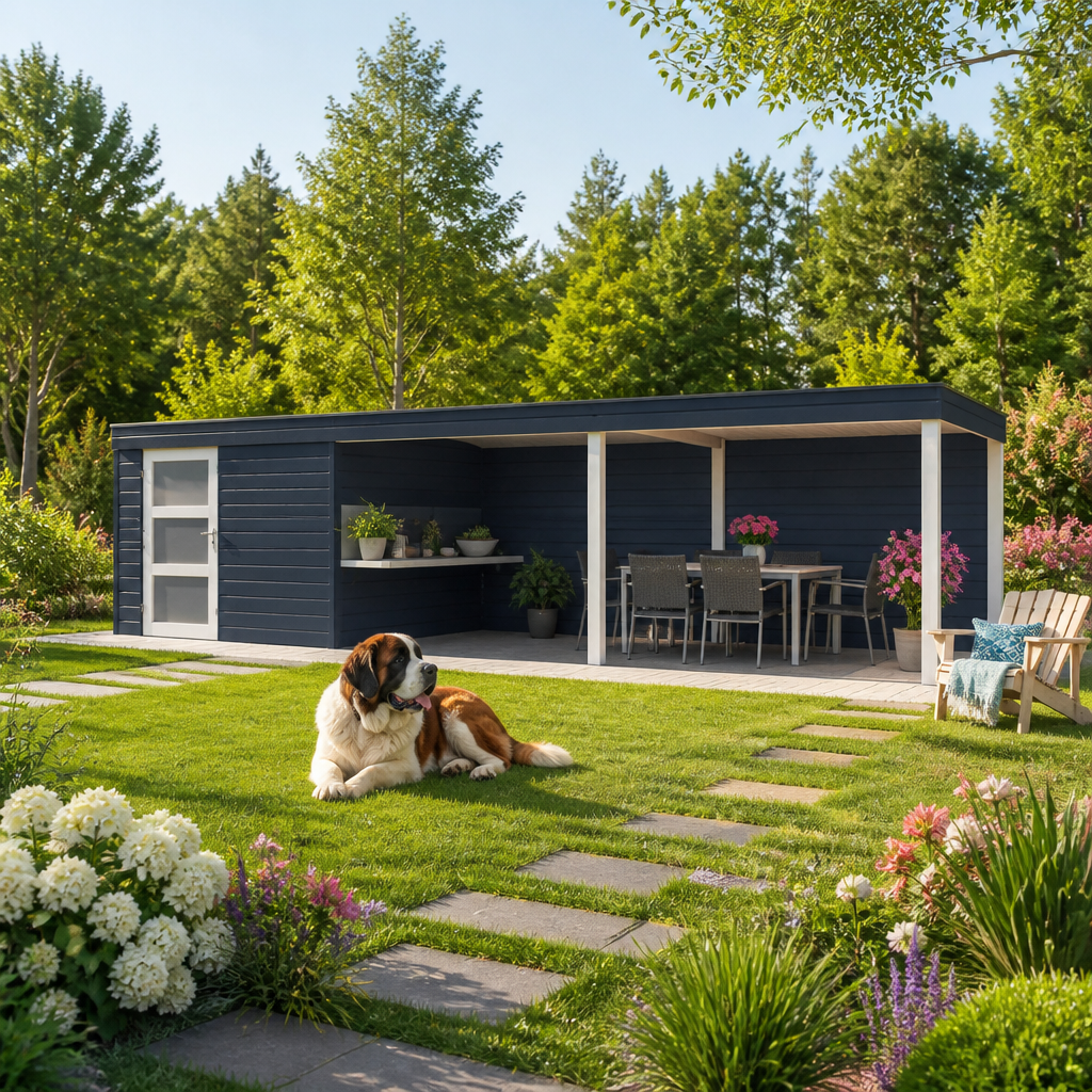 26% sparen! 10 × 4 m | Holzgartenhaus QBS-Line 9,00 m² + 600 cm Anbau | Schiebetüren | Pultdach | Flachdach | modern