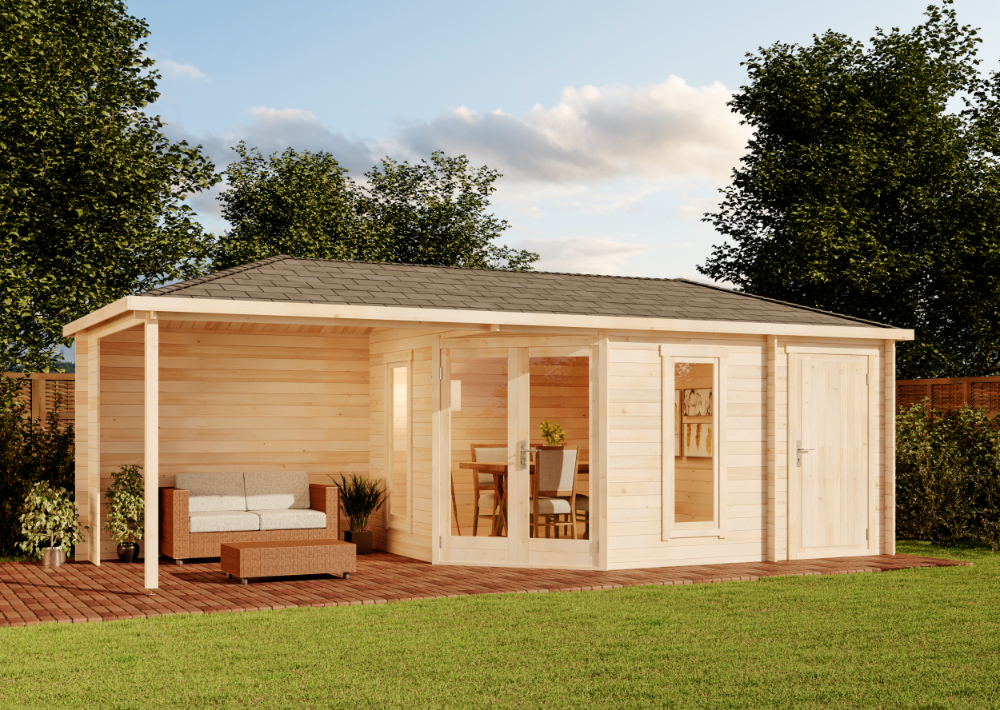 16% Discount! 5-Eck Holz-Gartenhaus Liwa mit Anbau 7x3m