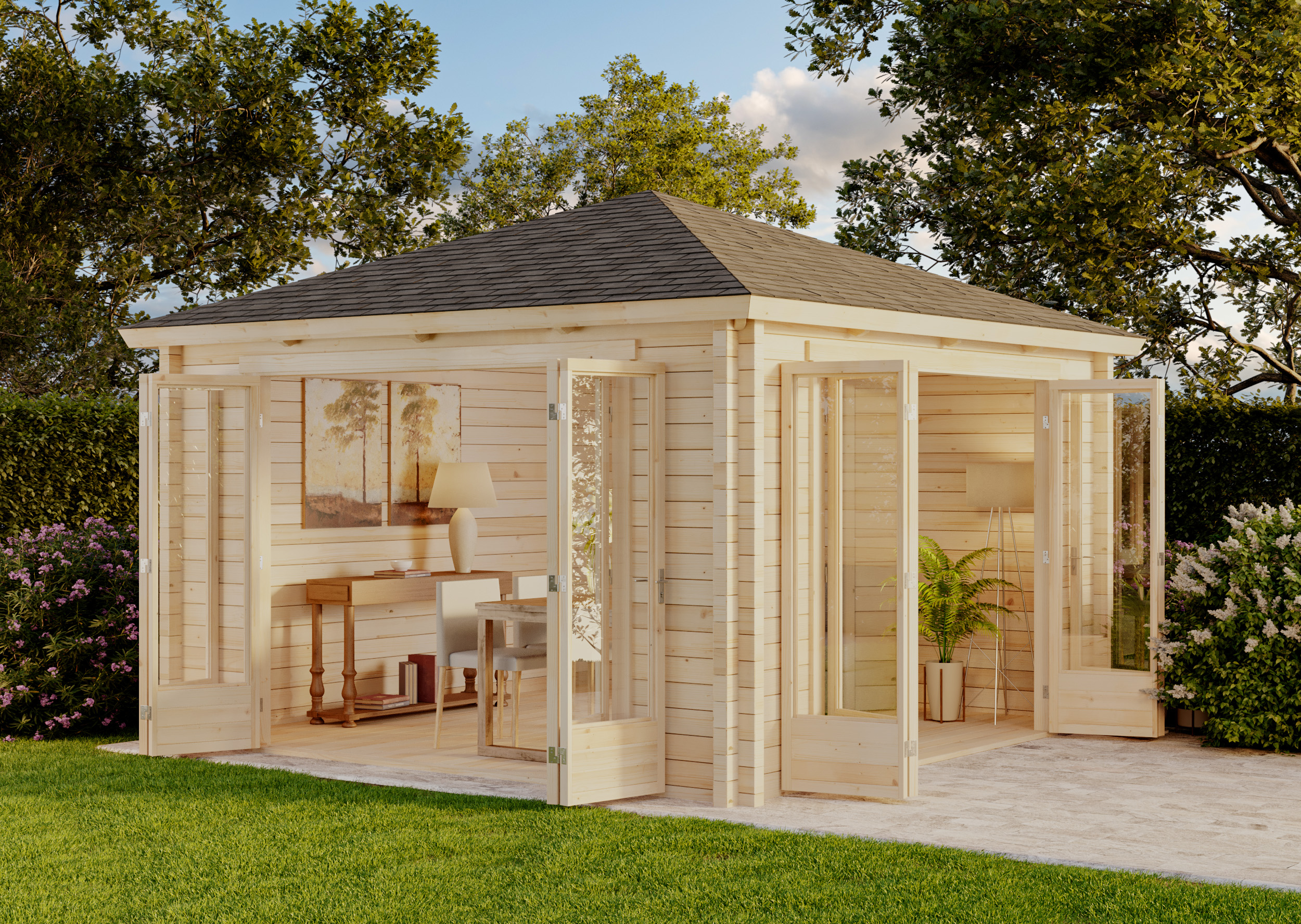 16% Discount! Holz-Gartenhaus Sunshine mit großer Falttür 4x4m