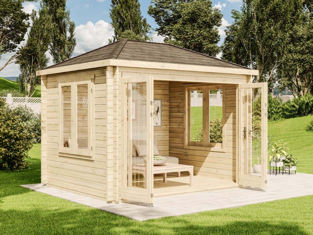 16% Discount! Holz-Gartenhaus Summertime mit großer Falttür 3x3m