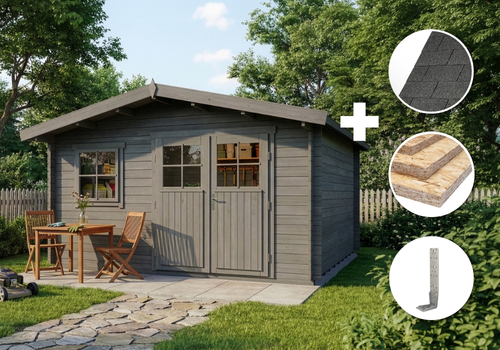 ECO Set - Holz-Gartenhaus Valeria - grau 4x4m